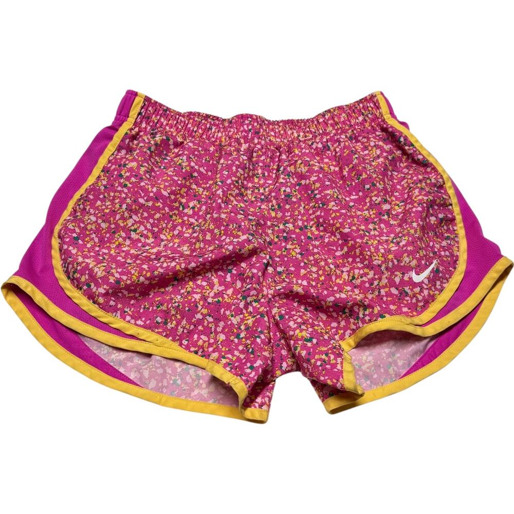 Nike Dri-Fit Lined Running Shorts Pink Yellow Green Splatter Small